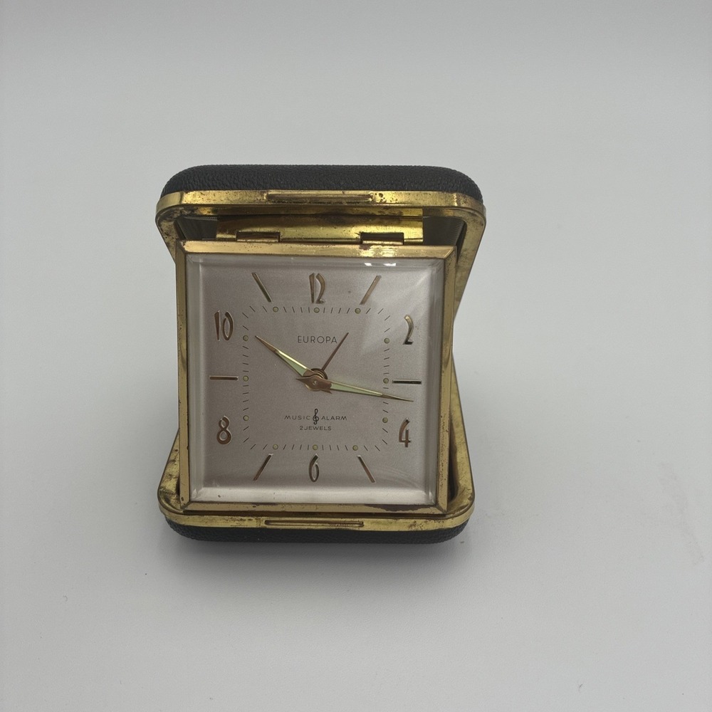 Vintage Europa Music Alarm 2 Jewels Travel Clock Gold Tone Folding Case Germany
